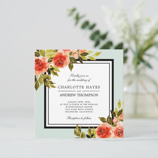 Square Mint Green Watercolor Rose Blumenzehen Einladung (Stehend Vorderseite)