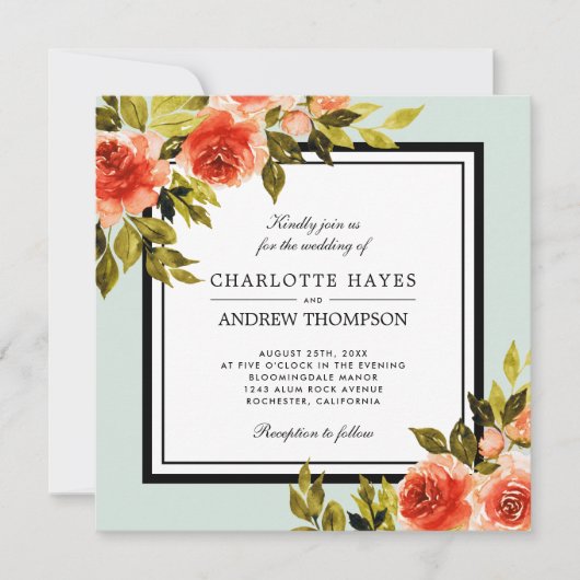 Square Mint Green Watercolor Rose Blumenzehen Einladung (Vorderseite)