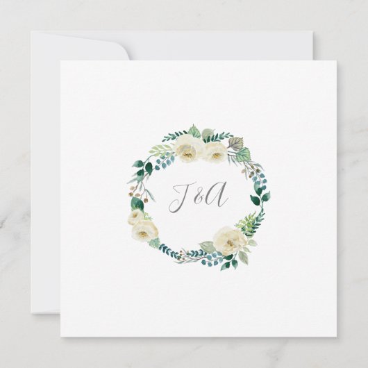 Square Modern Blue n White Rose Eukalyptus Wreath Einladung (Rückseite)