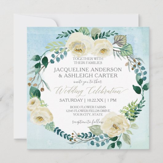 Square Modern Blue n White Rose Eukalyptus Wreath Einladung (Vorderseite)