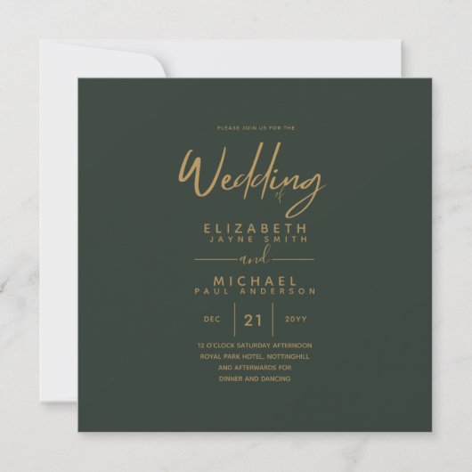 Square Modern Green Gold Budget Hochzeit Einladung (Vorderseite)