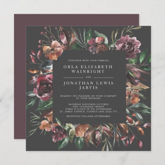 Square Moody Fall Floral Burst Wedding Einladung (Vorne/Hinten)