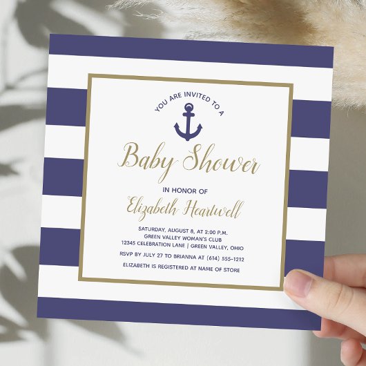 Square Nautical Navy Blue Anchor Boy Baby Shower Einladung