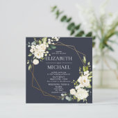 Square Navy Blue Gold Geometric White Floral Foto Einladung (Stehend Vorderseite)