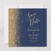 Square Navy Blue Gold Glitzer Save the Date Ankündigung (Vorderseite)