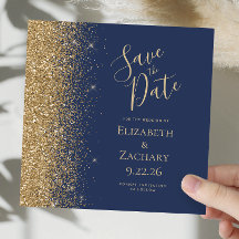 Square Navy Blue Gold Glitzer Save the Date