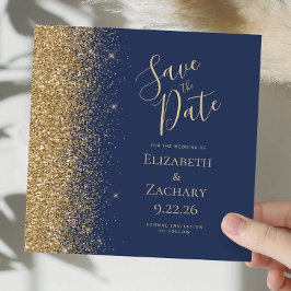 Square Navy Blue Gold Glitzer Save the Date Ankündigung