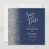 Square Navy Blue Silver Glitzer Save the Date Ankündigung (Vorderseite)