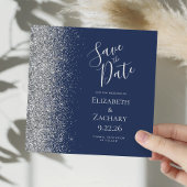 Square Navy Blue Silver Glitzer Save the Date Ankündigung