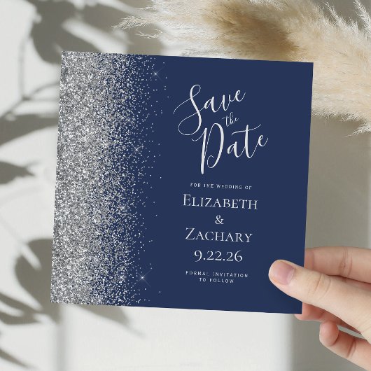 Square Navy Blue Silver Glitzer Save the Date Ankündigung