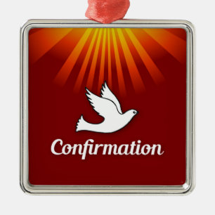 Square Ornament, Confimrtion, Dove on Red, Silbernes Ornament