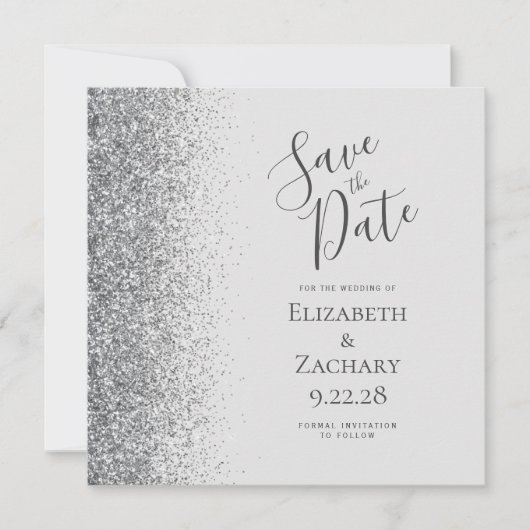 Square Pale Gray Silver Glitzer Save the Date Ankündigung (Vorderseite)