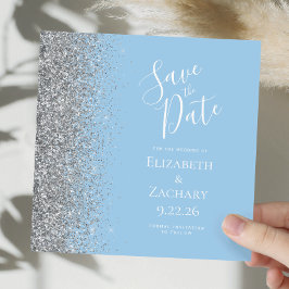 Square Pastel Blue Silver Glitzer Save the Date Ankündigung