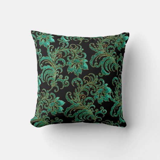 Square Pillow Jade Green Brocade Black Damask Kissen (Vorderseite)