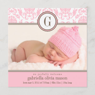 Square Pink Damask Geburtsankündigung Ankündigung
