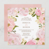 Square Pink Floral Peonies Hochzeitseinladung Einladung (Vorne/Hinten)