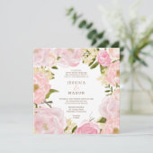 Square Pink Floral Peonies Hochzeitseinladung Einladung (Stehend Vorderseite)