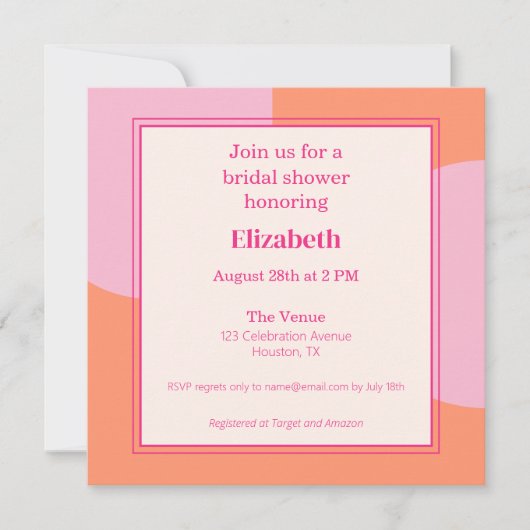 Square Pink & Orange Bridal Dusche Einladung (Vorderseite)