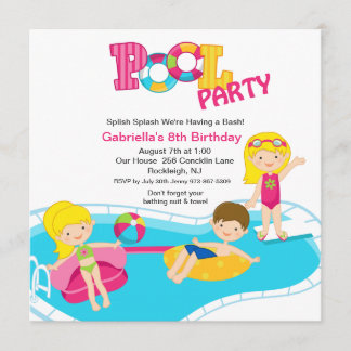 Square Pink Pool Party Girls Einladung zum Geburts