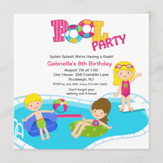 Square Pink Pool Party Girls Einladung zum Geburts