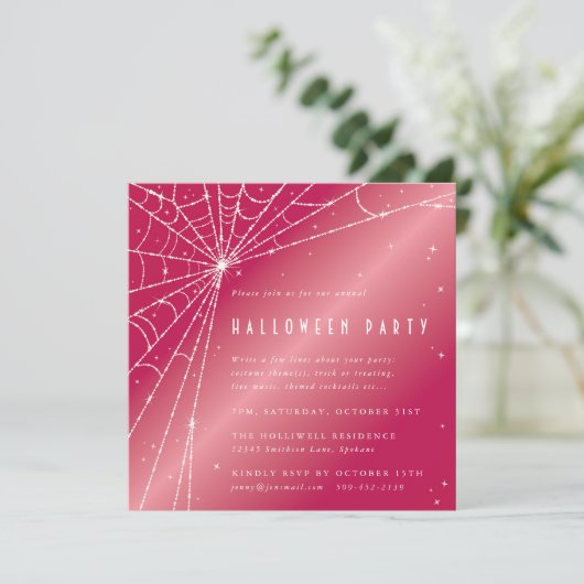 Square Pink Sparkling Spider Web Halloween-Party Einladung (Stehend Vorderseite)