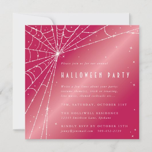 Square Pink Sparkling Spider Web Halloween-Party Einladung (Vorderseite)