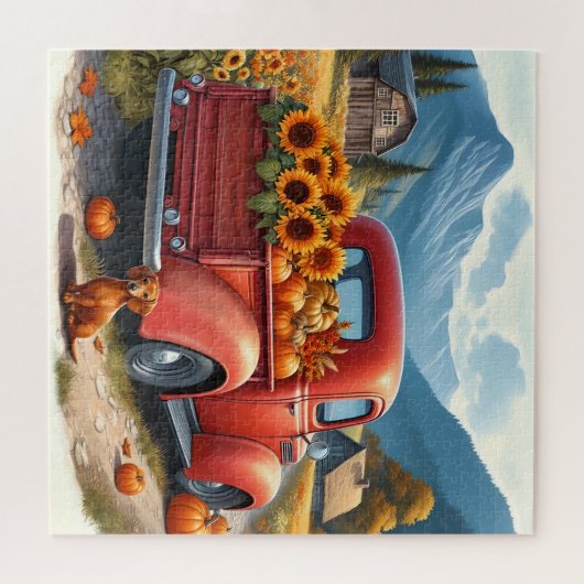 Square Puzzle Old Red Truck Country Road Dachsund (Horizontal)