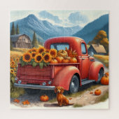 Square Puzzle Old Red Truck Country Road Dachsund (Vertikal)