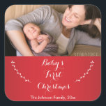 Square Red Baby's First Christmas Foto Stickers<br><div class="desc">Viereckige Rot-Weiß-Babyaufkleber für das Erste Weihnachtsfest mit wechselndem Text und Foto. Fotografie © Storytree Studios,  Stanford,  CA</div>