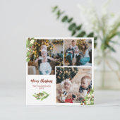 Square Red Berries Photo Collage Merry Christmas Feiertagskarte (Stehend Vorderseite)