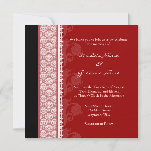 Square Red & Black Damask Einladungen (Vorderseite)
