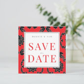 Square Red & Black Damask Hochzeit Save the Date (Stehend Vorderseite)