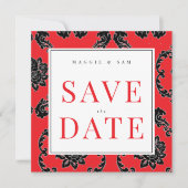 Square Red & Black Damask Hochzeit Save the Date (Vorderseite)
