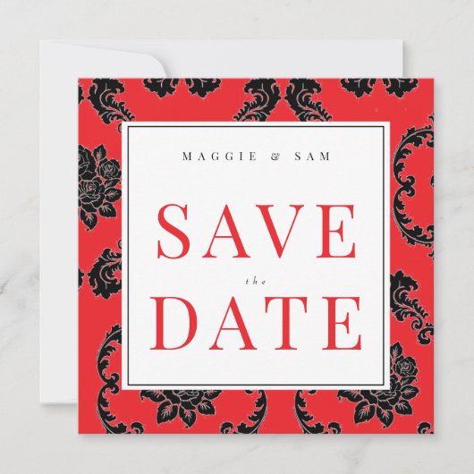Square Red & Black Damask Hochzeit Save the Date (Vorderseite)