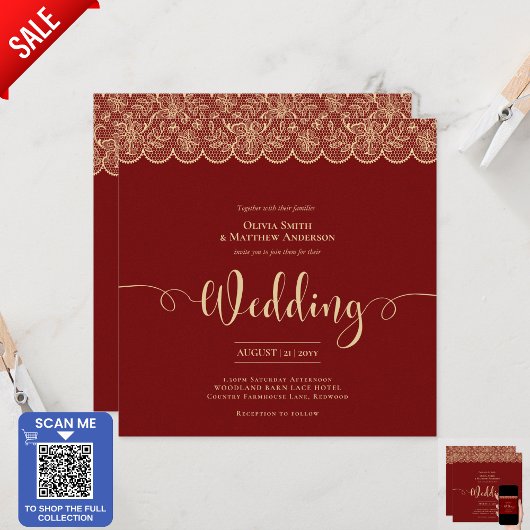 SQUARE RED Gold Lace Wedding Print oder Download Einladung