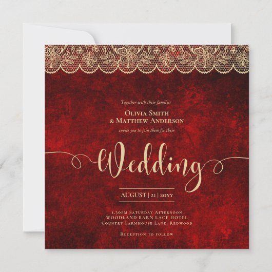 SQUARE RED Gold Lace Wedding Print oder Download Einladung (Vorderseite)