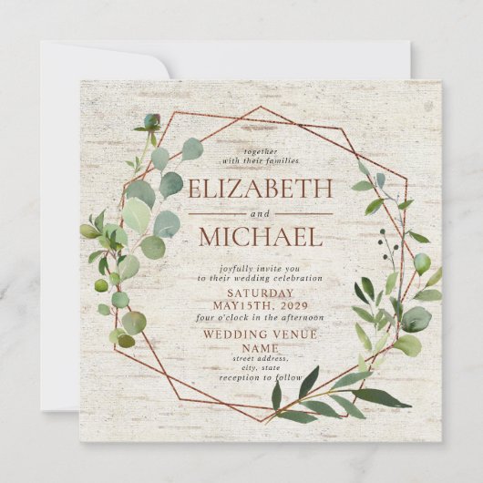 Square Rustic Copper Geometric Eucalyptus Wedding Einladung (Vorderseite)