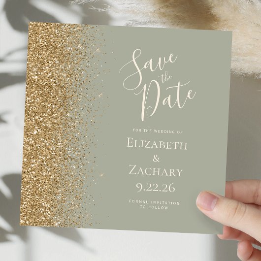Square Sage Green Gold Glitzer Save the Date Ankündigung