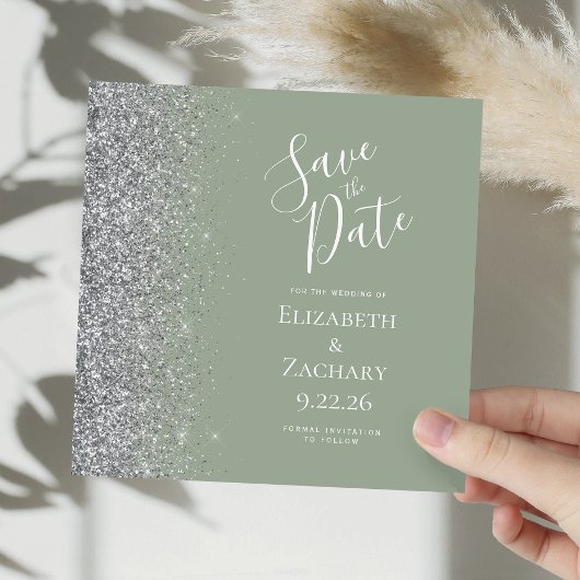 Square Sage Green Silver Glitzer Save the Date Ankündigung