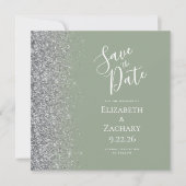 Square Sage Green Silver Glitzer Save the Date Ankündigung (Vorderseite)