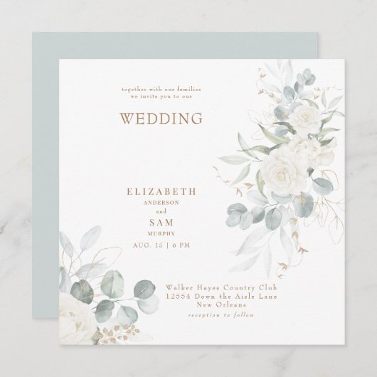 Square Sage White Floral Wedding Einladung (Vorne/Hinten)