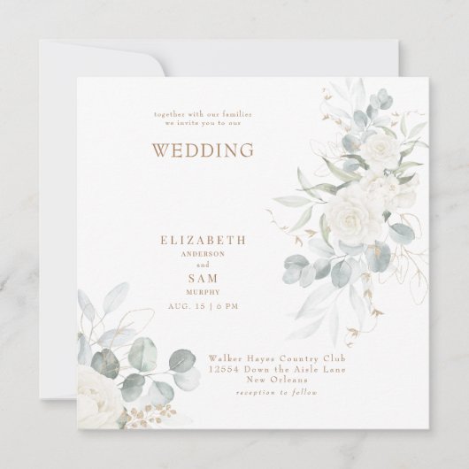 Square Sage White Floral Wedding Einladung (Vorderseite)