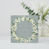Square Seafoam Snowberry+Eucalyptus Wreath Wedding Einladung (Stehend Vorderseite)