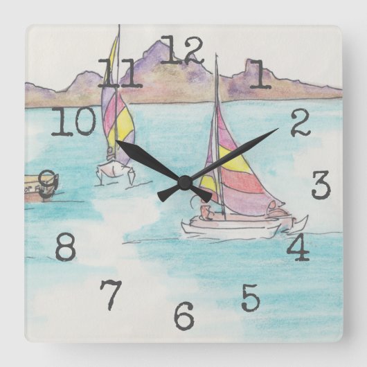 Square Shaped Clock "Watercolor Boats Fiji" Quadratische Wanduhr (Vorderseite)