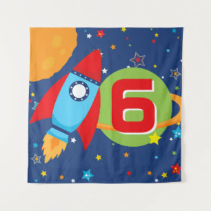 Square Space Rocket Ship Geburtstagsalter Hintergr Wandteppich