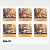 Square Sticker Orange Cat Drink Coffee (Blatt)