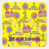 Square Stickers, #1 Erster Geburtstag Gelb Quadratischer Aufkleber (Vorderseite)