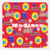 Square Stickers, #9 Happy 9th Birthday Red Quadratischer Aufkleber (Vorderseite)