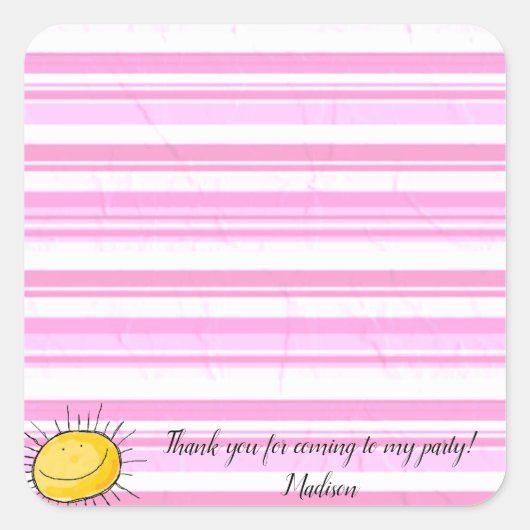 Square Stickers Pink & White Stripe Happy Sun (Vorderseite)
