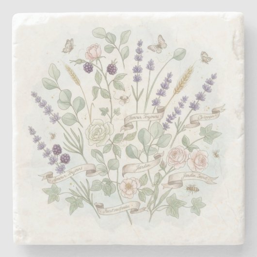 Square Stone Untersetzer - Botanische Wasserfarbe (Vorderseite)